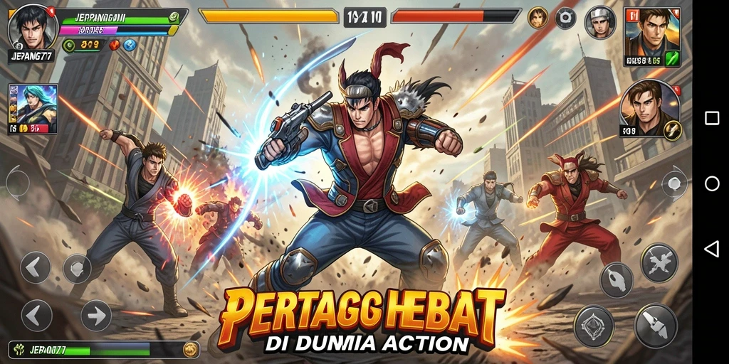 Gameplay seru dalam JEPANG77 menunjukkan aksi bertarung yang mendebarkan.