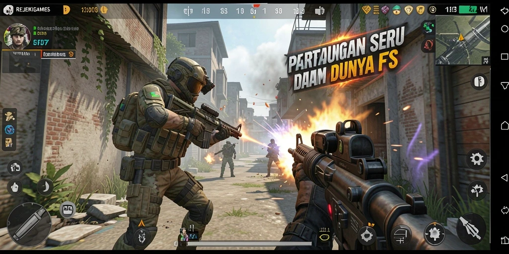 Tampilan aksi intens dari REJEKIGAMES dalam gameplay FPS.