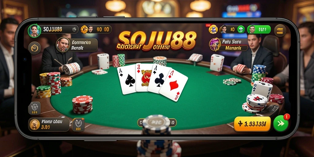 Screenshot utama SOJU88 menampilkan gameplay Poker yang mendebarkan.